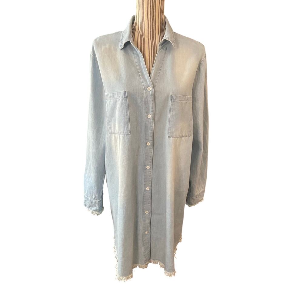 Zilcremo bleach wash denim shirt dress with raw hem and cuffs